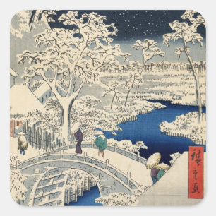 雪の太鼓橋, 広重 Snowy Drum bridge, Hiroshige, Ukiyo-e Square Sticker