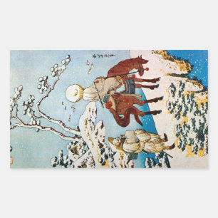 雪の旅人, 北斎 Travelers in Snow, Hokusai, Ukiyo-e Rectangular Sticker