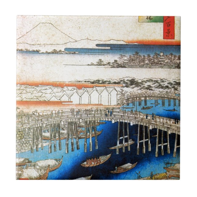 雪の日本橋, 広重 Snowy Nihonbashi, Hiroshige, Ukiyo-e Ceramic Tile (Front)