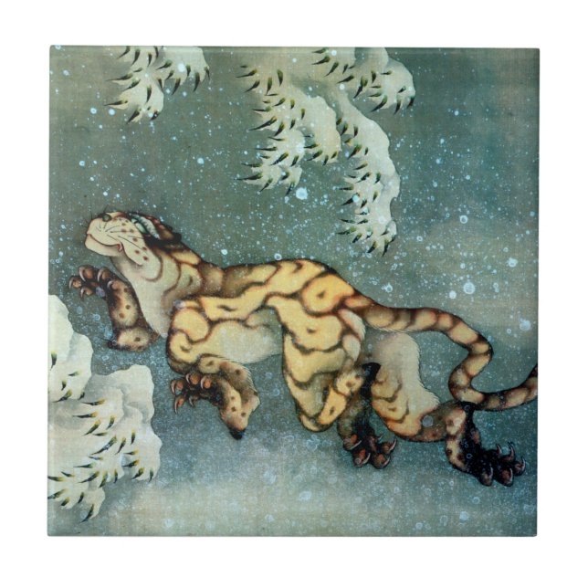 雪中虎図, 北斎 Tiger in the Snow, Hokusai, Art Ceramic Tile (Front)
