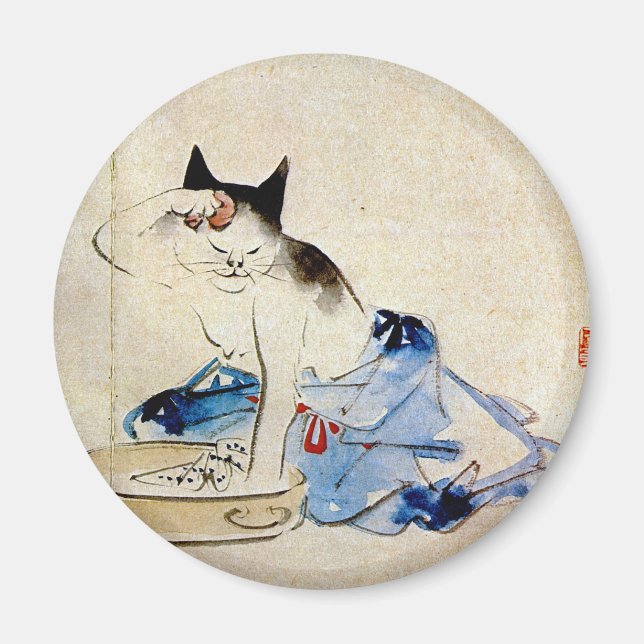 顔を洗う猫, 広重 Cat Face Wash, Hiroshige Magnet (Front)