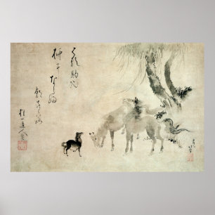 馬の家族, 北斎 Family of The Horse, Hokusai, Sumi-e Poster