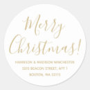 Search for gold return address round stickers Merry christmas