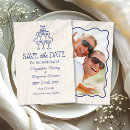 Search for quirky wedding save the dates Champagne tower