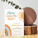 Search for here comes the son baby shower invitations Blue stripe rainbow