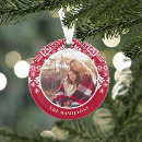 Search for red and white christmas tree decorations Family photo