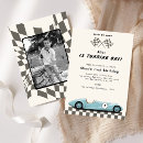 Search for race car 1st birthday invitations Blue