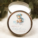 Search for blue bear baby shower stickers Round
