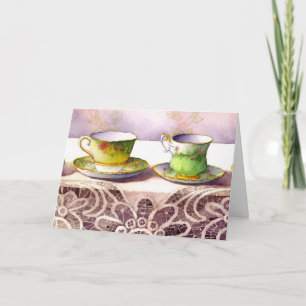 0001 Teacups on Lace Birthday Card