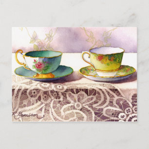 0001 Teacups on Lace Greeting Postcard