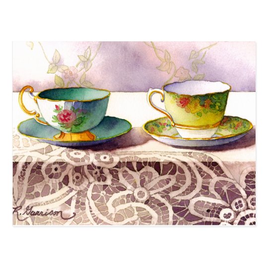 0001 Teacups on Lace Greeting Postcard