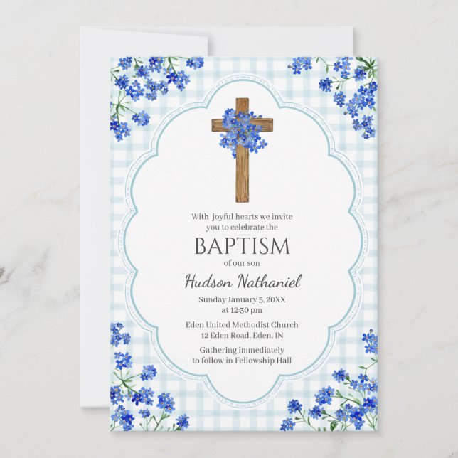 001 Sky Blue Blossom Rustic Cross Design Baptism Invitation (Front)