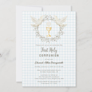 001 Sky Blue Dove & Chalice Gingham 1st Communion Invitation