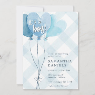 001 Sky Blue Heart Balloon Gingham Baby Shower Invitation