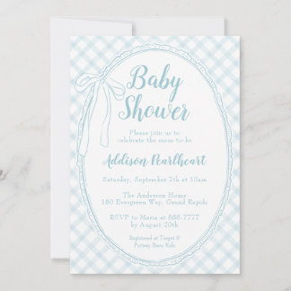 001 Sky Blue Heirloom Lace Gingham Baby Shower Invitation