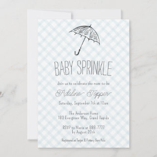 001 Sky Blue Modern Umbrella Baby Sprinkle Gingham Invitation