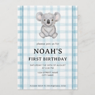 001 Sky Blue Plaid Koala 1st Birthday Invitation