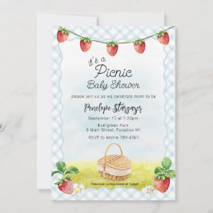 001 Sky Blue Strawberry Picnic Baby Shower Invitation