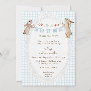 001 Sky Blue Sweet Bunny Gingham Baby Shower Invitation