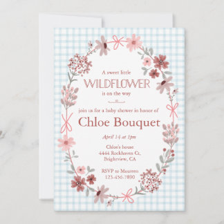 001 Sky Blue Wildflower Bow Frame on Gingham Baby Invitation