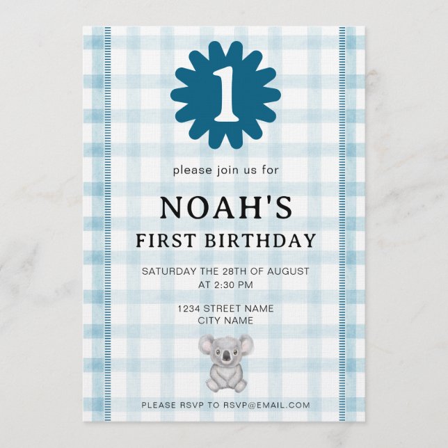 001 Sky Watercolor Check Koala Birthday Invitation (Front)