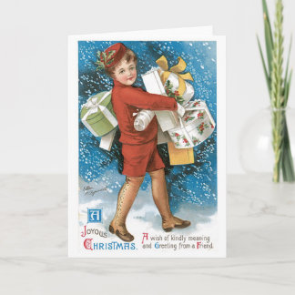 001 Vintage Christmas Card Little Boy Gifts Snow