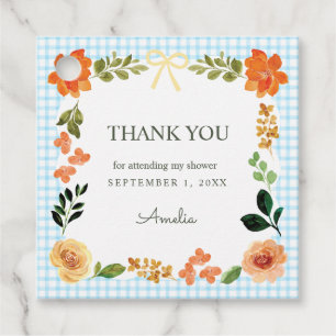 002 Cerulean Blue Floral Gingham Baby Shower Favour Tags