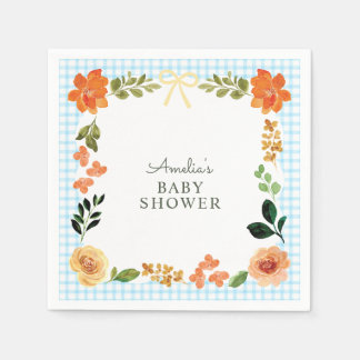 002 Cerulean Blue Floral Gingham Baby Shower Napkin