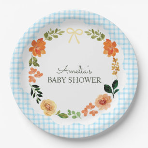 002 Cerulean Blue Floral Gingham Baby Shower Paper Plate