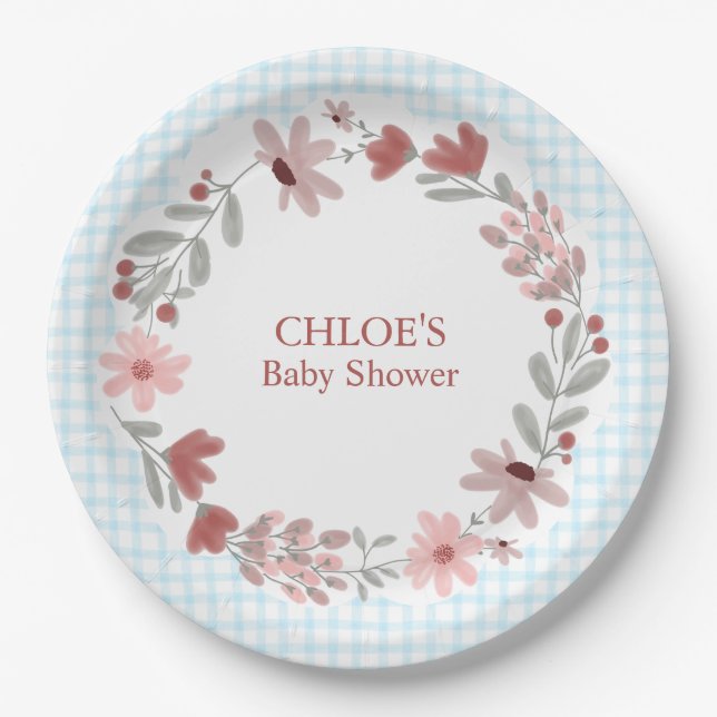 002 Cerulean Blue Wildflower Bow Frame Gingham Paper Plate (Front)