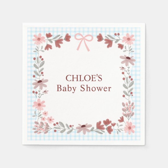 002 Cerulean Blue Wildflower Bow Gingham Shower Napkin (Front)
