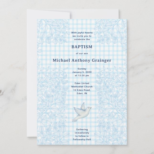 002 Cerulean Dove Botanical Cross Gingham Baptism Invitation (Front)
