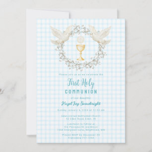 002 Cerulean Dove & Chalice Gingham 1st Communion Invitation