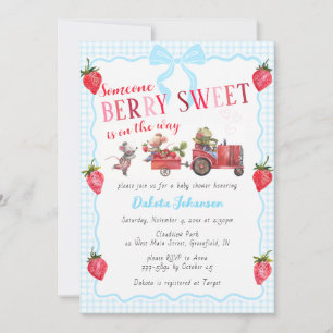 002 Cerulean Gingham Berry Sweet Farm Baby Shower Invitation
