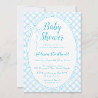 002 Cerulean Heirloom Lace Gingham Baby Shower Invitation