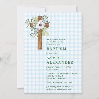002 Cerulean Rustic Greenery Wooden Cross Baptism Invitation