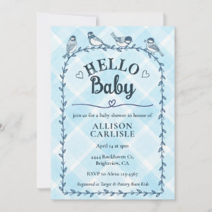 002 Cerulean Watercolor Gingham Birds Baby Shower Invitation