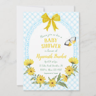 002 Cerulean Yellow Daisy Bow Gingham Baby Shower Invitation