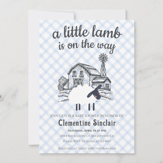 003 Cobalt Blue A Little Lamb Gingham Baby Shower Invitation (Front)
