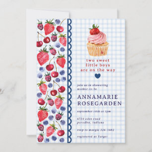003 Cobalt Blue Berry Patch Cupcake Baby Shower Invitation