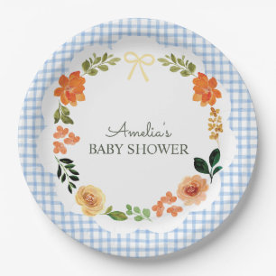 003 Cobalt Blue Floral Gingham Baby Shower Paper Plate