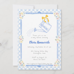003 Cobalt Blue Gingham Watering Can Baby Shower Invitation