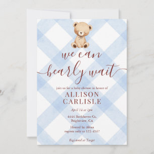 003 Cobalt Blue Teddy Bear Gingham Baby Shower Invitation