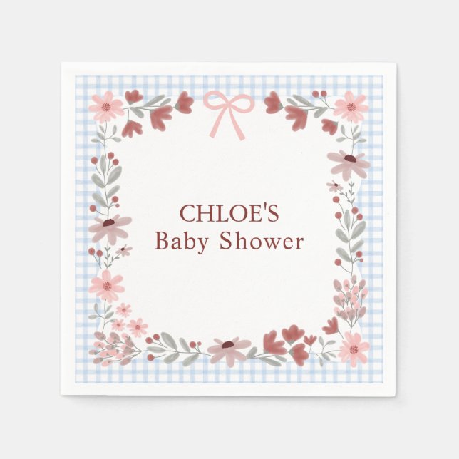 003 Cobalt Blue Wildflower Bow Gingham Shower Napkin (Front)