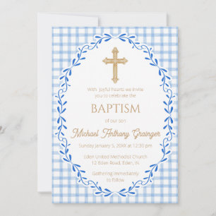 003 Cobalt Botanical Vine Ornate Cross Baptism Invitation