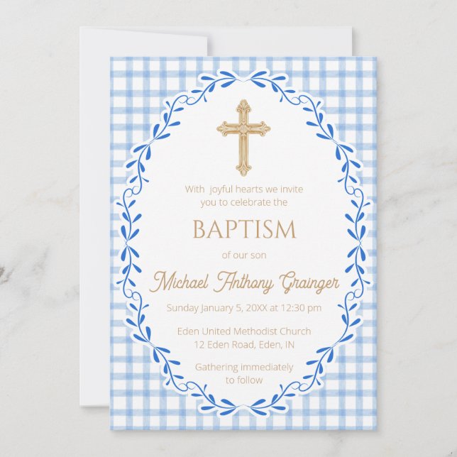 003 Cobalt Botanical Vine Ornate Cross Baptism Invitation (Front)
