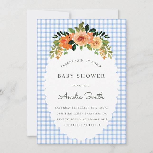 003 Cobalt Floral Gingham Baby Shower Invitations (Front)