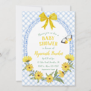 003 Cobalt Yellow Daisy Bow Gingham Baby Shower Invitation