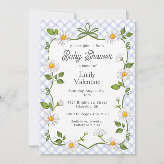 004 Indigo Blue Floral Daisy Plaid Baby Shower Invitation (Front)