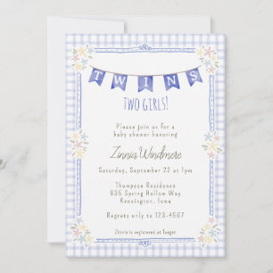 004 Indigo Blue Gingham Floral Twins Baby Shower Invitation